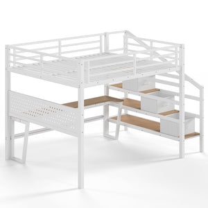 English Elm Queen Metal Loft Bed with Staircase Storage Drawers Movable Desk and Pegboard Antique White W5305S00130