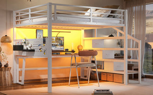 English Elm Queen Metal Loft Bed with Staircase Storage Drawers Movable Desk and Pegboard Antique White W5305S00130