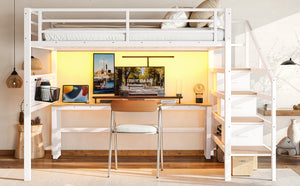 English Elm Queen Metal Loft Bed with Staircase Storage Drawers Movable Desk and Pegboard Antique White W5305S00130