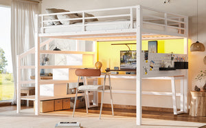 English Elm Queen Metal Loft Bed with Staircase Storage Drawers Movable Desk and Pegboard Antique White W5305S00130