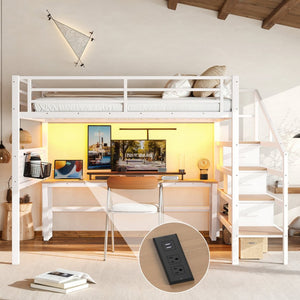 English Elm Queen Metal Loft Bed with Staircase Storage Drawers Movable Desk and Pegboard Antique White W5305S00130