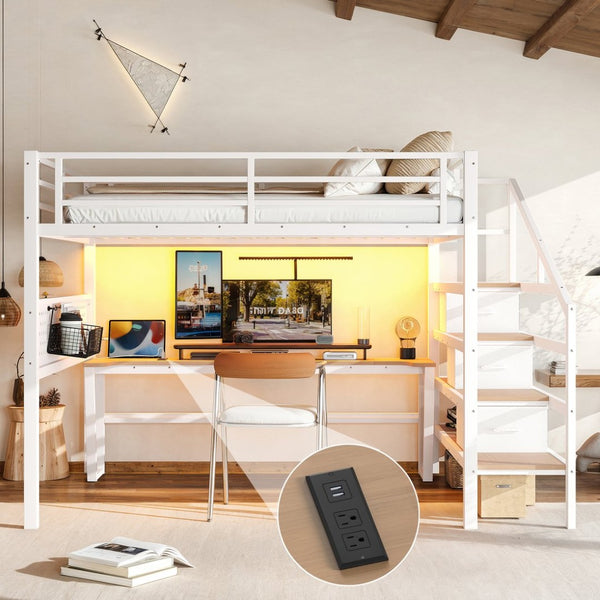 English Elm Queen Metal Loft Bed with Staircase Storage Drawers Movable Desk and Pegboard Antique White W5305S00130