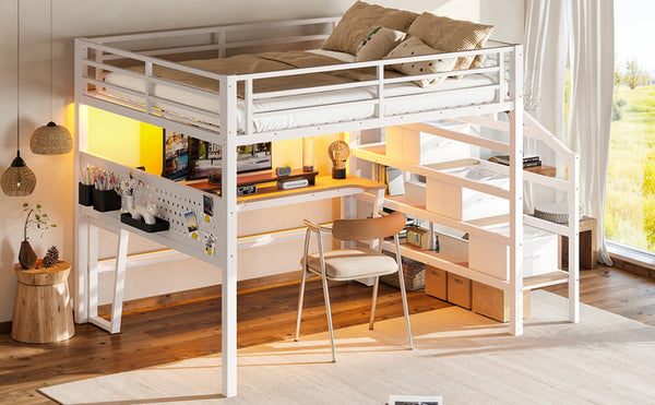 English Elm Queen Metal Loft Bed with Staircase Storage Drawers Movable Desk and Pegboard Antique White W5305S00130