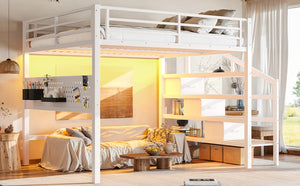 English Elm Queen Metal Loft Bed with Staircase Storage Drawers Movable Desk and Pegboard Antique White W5305S00130