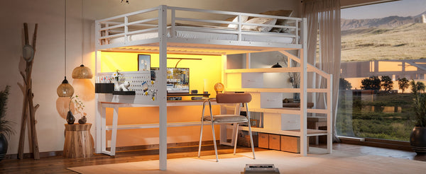 English Elm Queen Metal Loft Bed with Staircase Storage Drawers Movable Desk and Pegboard Antique White W5305S00130