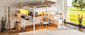 English Elm Queen Metal Loft Bed with Staircase Storage Drawers Movable Desk and Pegboard Antique White W5305S00130