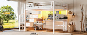 English Elm Queen Metal Loft Bed with Staircase Storage Drawers Movable Desk and Pegboard Antique White W5305S00130