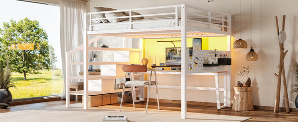 English Elm Queen Metal Loft Bed with Staircase Storage Drawers Movable Desk and Pegboard Antique White W5305S00130