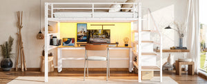 English Elm Queen Metal Loft Bed with Staircase Storage Drawers Movable Desk and Pegboard Antique White W5305S00130
