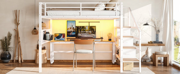 English Elm Queen Metal Loft Bed with Staircase Storage Drawers Movable Desk and Pegboard Antique White W5305S00130