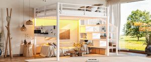 English Elm Queen Metal Loft Bed with Staircase Storage Drawers Movable Desk and Pegboard Antique White W5305S00130