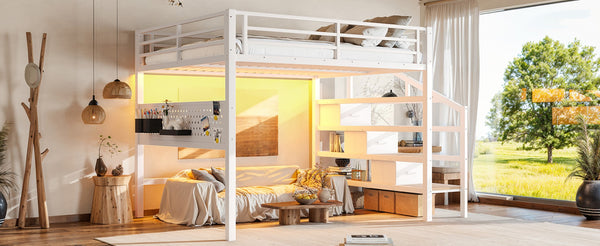 English Elm Queen Metal Loft Bed with Staircase Storage Drawers Movable Desk and Pegboard Antique White W5305S00130