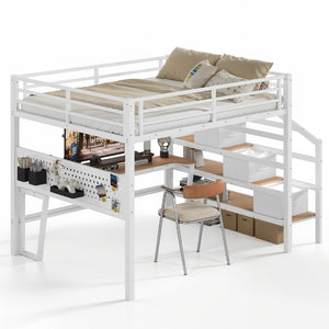 English Elm Queen Metal Loft Bed with Staircase Storage Drawers Movable Desk and Pegboard Antique White W5305S00130