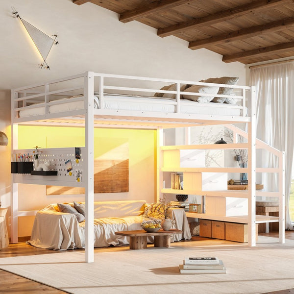 English Elm Queen Metal Loft Bed with Staircase Storage Drawers Movable Desk and Pegboard Antique White W5305S00130