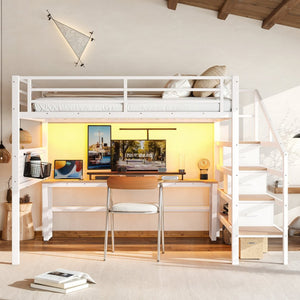 English Elm Queen Metal Loft Bed with Staircase Storage Drawers Movable Desk and Pegboard Antique White W5305S00130