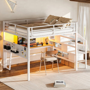 English Elm Queen Metal Loft Bed with Staircase Storage Drawers Movable Desk and Pegboard Antique White W5305S00130