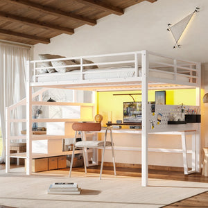 English Elm Queen Metal Loft Bed with Staircase Storage Drawers Movable Desk and Pegboard Antique White W5305S00130