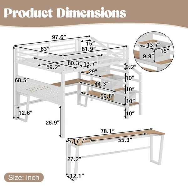 English Elm Queen Metal Loft Bed with Staircase Storage Drawers Movable Desk and Pegboard Antique White W5305S00130