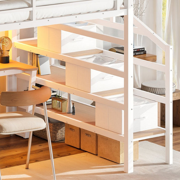 English Elm Queen Metal Loft Bed with Staircase Storage Drawers Movable Desk and Pegboard Antique White W5305S00130