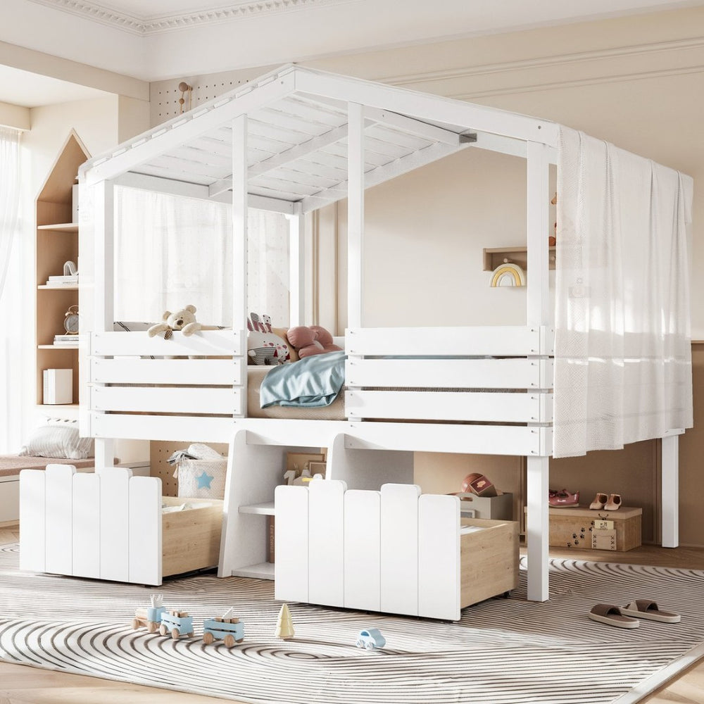 English Elm Full Size House Roof Loft Bed Pine Wood Frame with Staircase Storage Farmhouse Kids Room White W5305S00131
