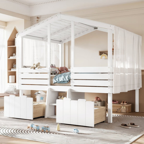 English Elm Full Size House Roof Loft Bed Pine Wood Frame with Staircase Storage Farmhouse Kids Room White W5305S00131
