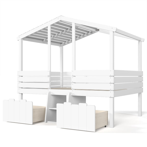 English Elm Full Size House Roof Loft Bed Pine Wood Frame with Staircase Storage Farmhouse Kids Room White W5305S00131