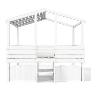 English Elm Full Size House Roof Loft Bed Pine Wood Frame with Staircase Storage Farmhouse Kids Room White W5305S00131