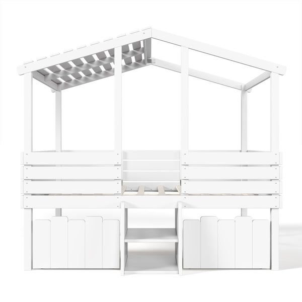 English Elm Full Size House Roof Loft Bed Pine Wood Frame with Staircase Storage Farmhouse Kids Room White W5305S00131