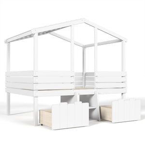 English Elm Full Size House Roof Loft Bed Pine Wood Frame with Staircase Storage Farmhouse Kids Room White W5305S00131