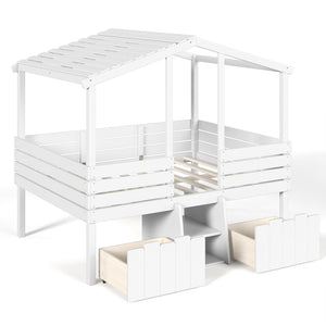 English Elm Full Size House Roof Loft Bed Pine Wood Frame with Staircase Storage Farmhouse Kids Room White W5305S00131