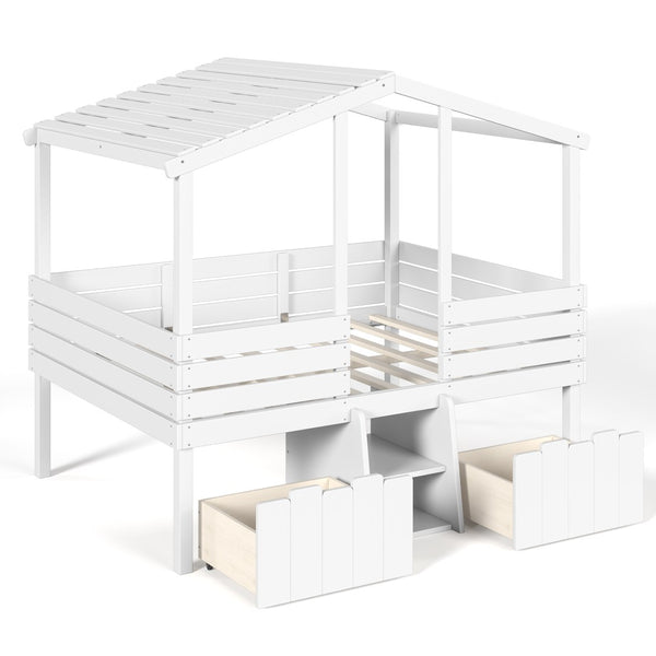 English Elm Full Size House Roof Loft Bed Pine Wood Frame with Staircase Storage Farmhouse Kids Room White W5305S00131