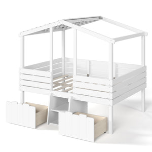 English Elm Full Size House Roof Loft Bed Pine Wood Frame with Staircase Storage Farmhouse Kids Room White W5305S00131