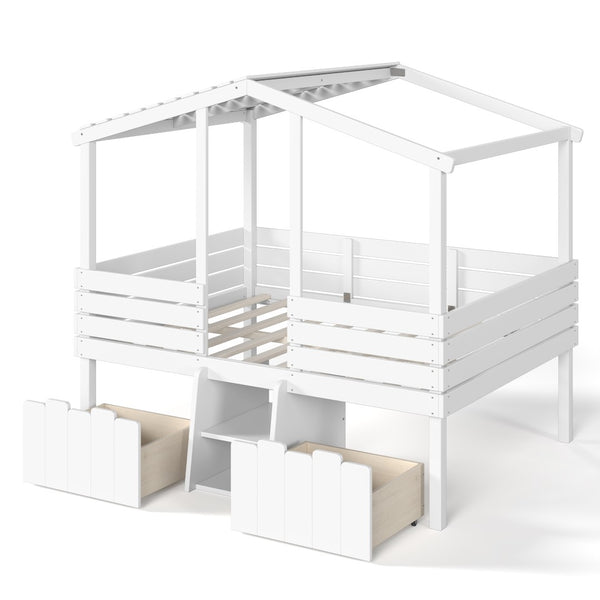English Elm Full Size House Roof Loft Bed Pine Wood Frame with Staircase Storage Farmhouse Kids Room White W5305S00131