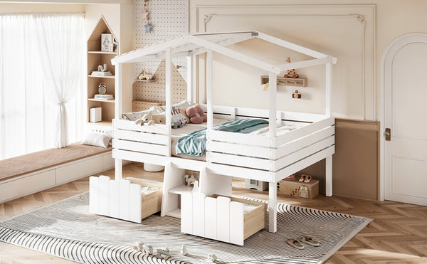 English Elm Full Size House Roof Loft Bed Pine Wood Frame with Staircase Storage Farmhouse Kids Room White W5305S00131