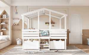 English Elm Full Size House Roof Loft Bed Pine Wood Frame with Staircase Storage Farmhouse Kids Room White W5305S00131