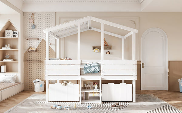 English Elm Full Size House Roof Loft Bed Pine Wood Frame with Staircase Storage Farmhouse Kids Room White W5305S00131