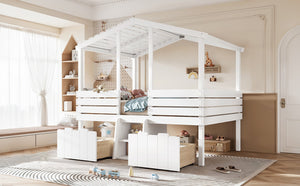 English Elm Full Size House Roof Loft Bed Pine Wood Frame with Staircase Storage Farmhouse Kids Room White W5305S00131
