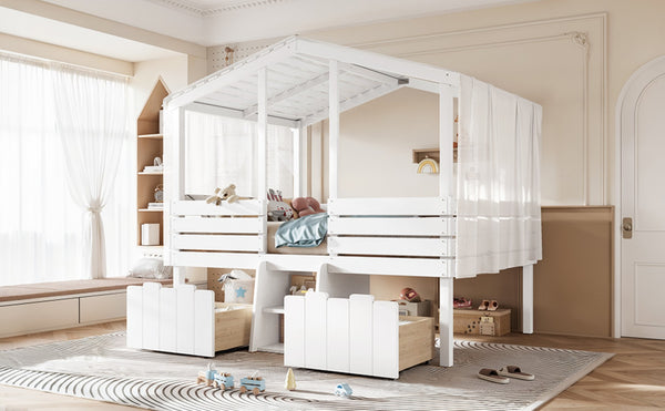 English Elm Full Size House Roof Loft Bed Pine Wood Frame with Staircase Storage Farmhouse Kids Room White W5305S00131