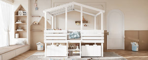 English Elm Full Size House Roof Loft Bed Pine Wood Frame with Staircase Storage Farmhouse Kids Room White W5305S00131