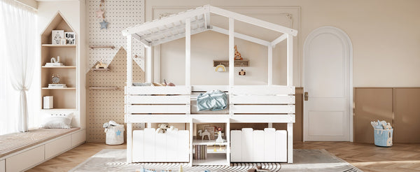 English Elm Full Size House Roof Loft Bed Pine Wood Frame with Staircase Storage Farmhouse Kids Room White W5305S00131