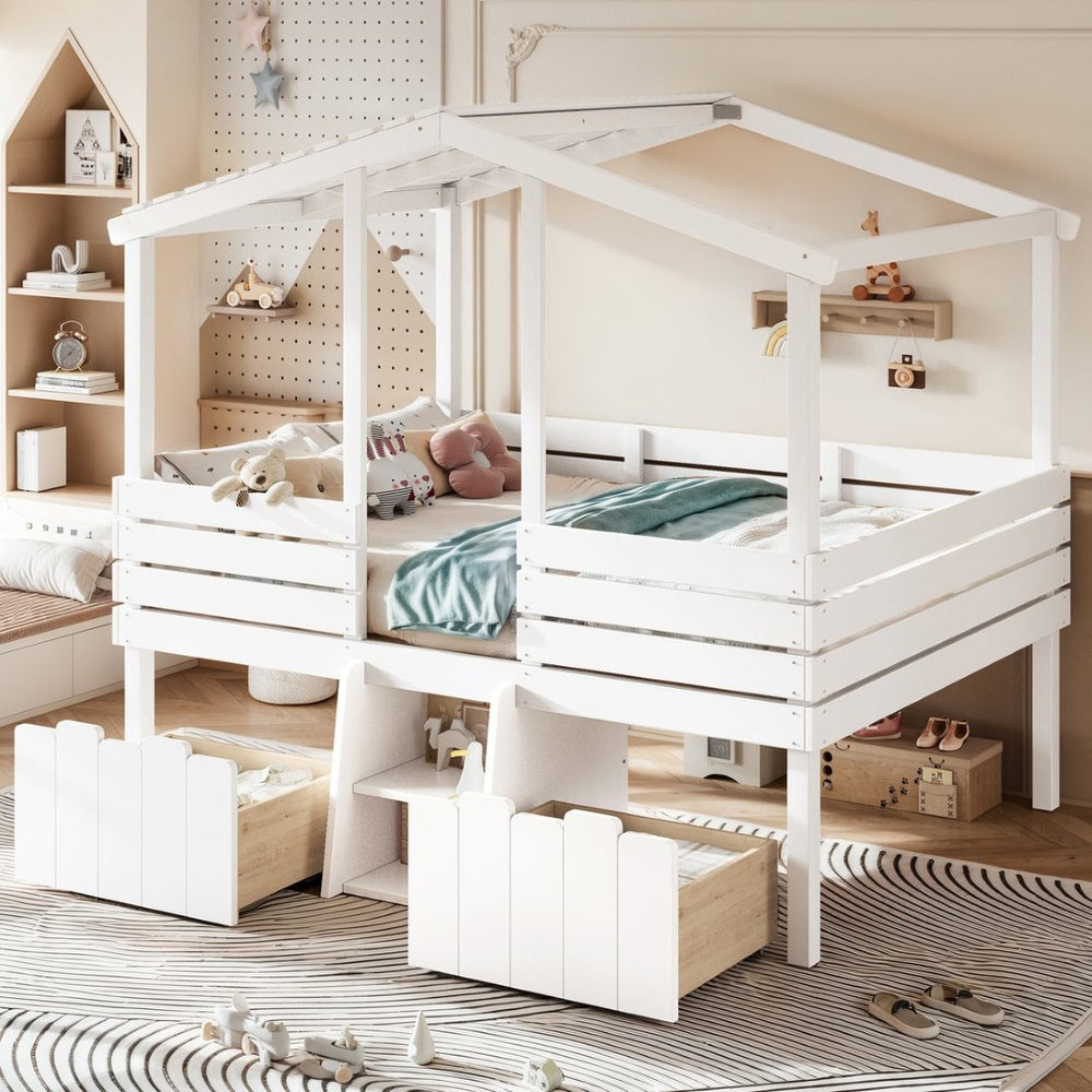 English Elm Full Size House Roof Loft Bed Pine Wood Frame with Staircase Storage Farmhouse Kids Room White W5305S00131