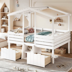 English Elm Full Size House Roof Loft Bed Pine Wood Frame with Staircase Storage Farmhouse Kids Room White W5305S00131