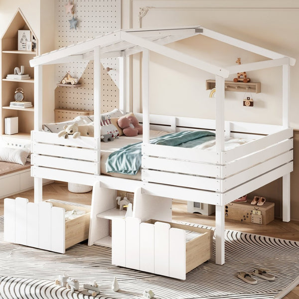 English Elm Full Size House Roof Loft Bed Pine Wood Frame with Staircase Storage Farmhouse Kids Room White W5305S00131