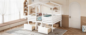 English Elm Full Size House Roof Loft Bed Pine Wood Frame with Staircase Storage Farmhouse Kids Room White W5305S00131