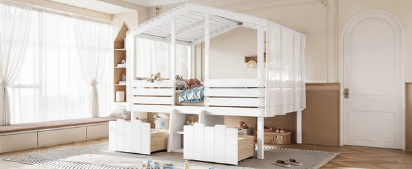 English Elm Full Size House Roof Loft Bed Pine Wood Frame with Staircase Storage Farmhouse Kids Room White W5305S00131