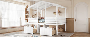 English Elm Full Size House Roof Loft Bed Pine Wood Frame with Staircase Storage Farmhouse Kids Room White W5305S00131