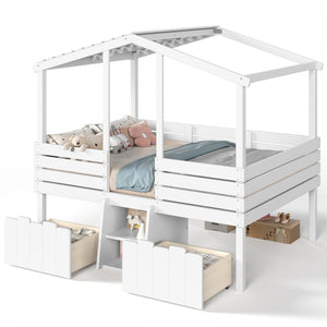 English Elm Full Size House Roof Loft Bed Pine Wood Frame with Staircase Storage Farmhouse Kids Room White W5305S00131