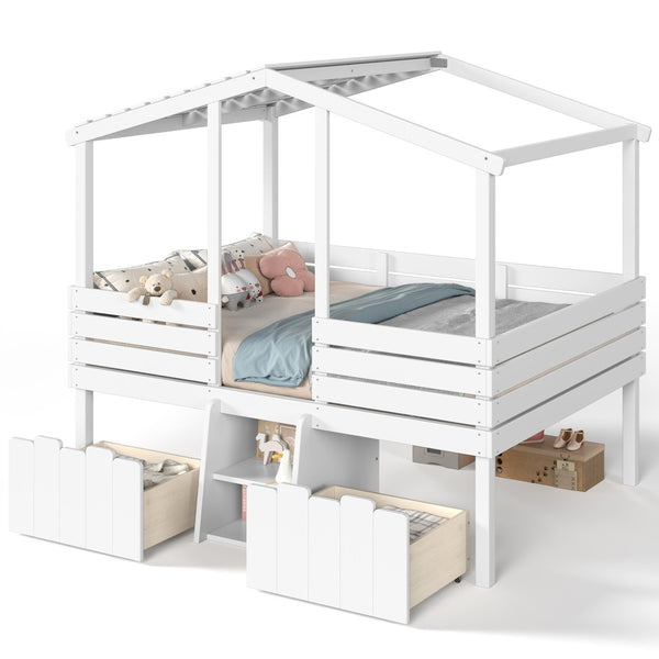 English Elm Full Size House Roof Loft Bed Pine Wood Frame with Staircase Storage Farmhouse Kids Room White W5305S00131