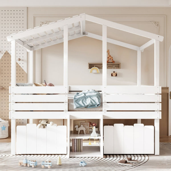 English Elm Full Size House Roof Loft Bed Pine Wood Frame with Staircase Storage Farmhouse Kids Room White W5305S00131