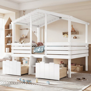 English Elm Full Size House Roof Loft Bed Pine Wood Frame with Staircase Storage Farmhouse Kids Room White W5305S00131